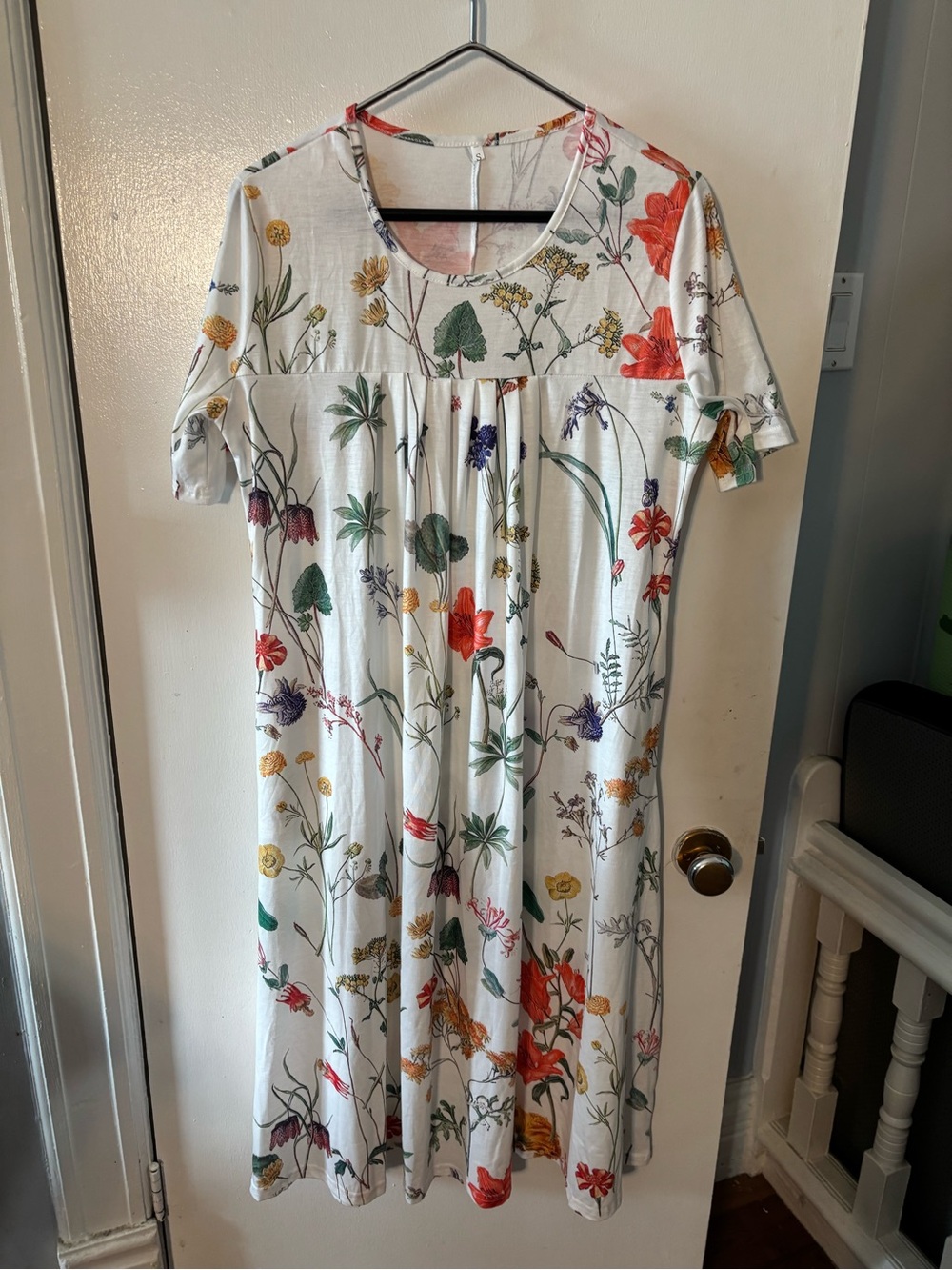 Floral Print White Midi Dress with Short Sleeves